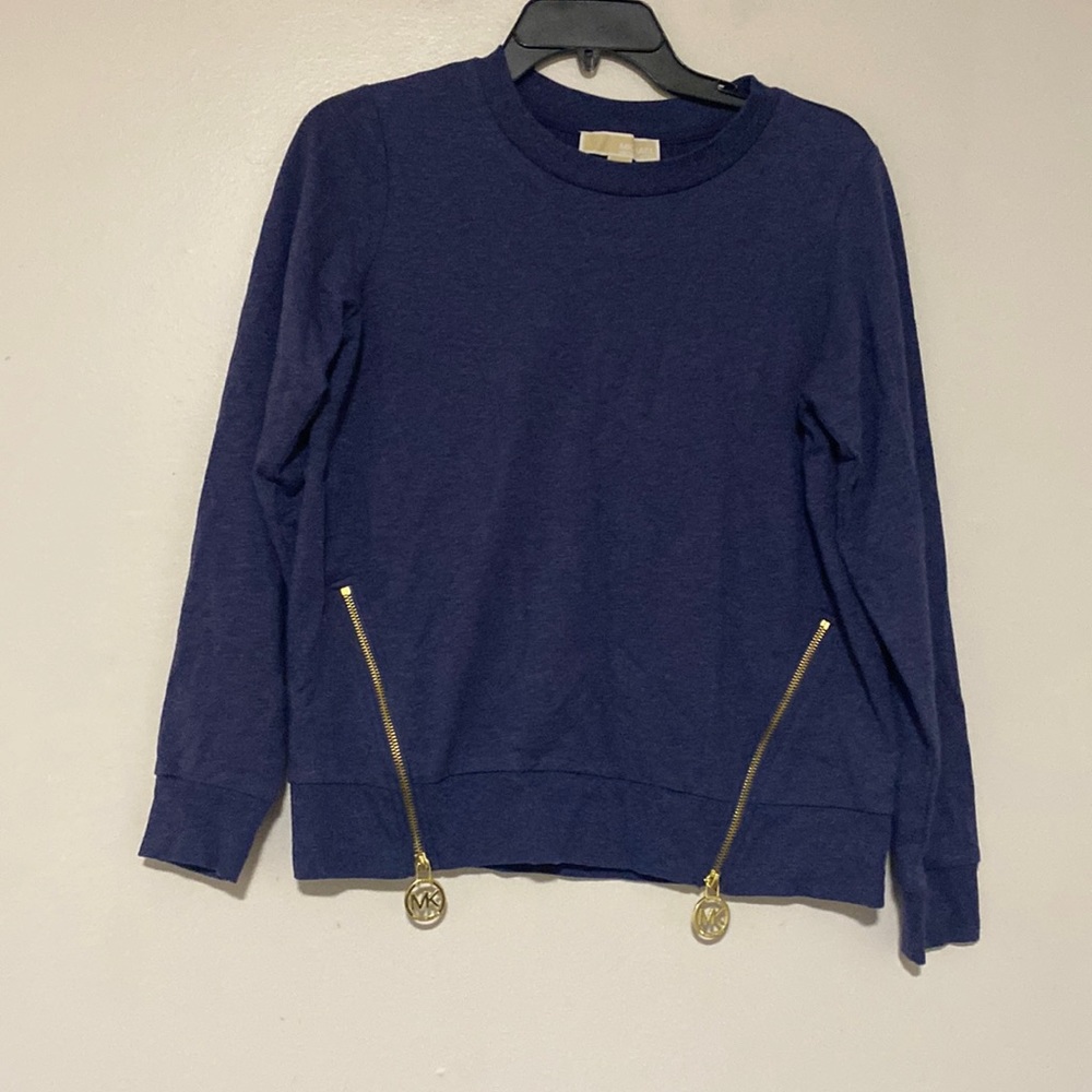 Michael Kors Logo Navy Double Gold Zip Blue Sweater - Size S